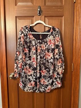 Roz & Ali Black Floral Peasant Blouse - Coral & Cream Flowers